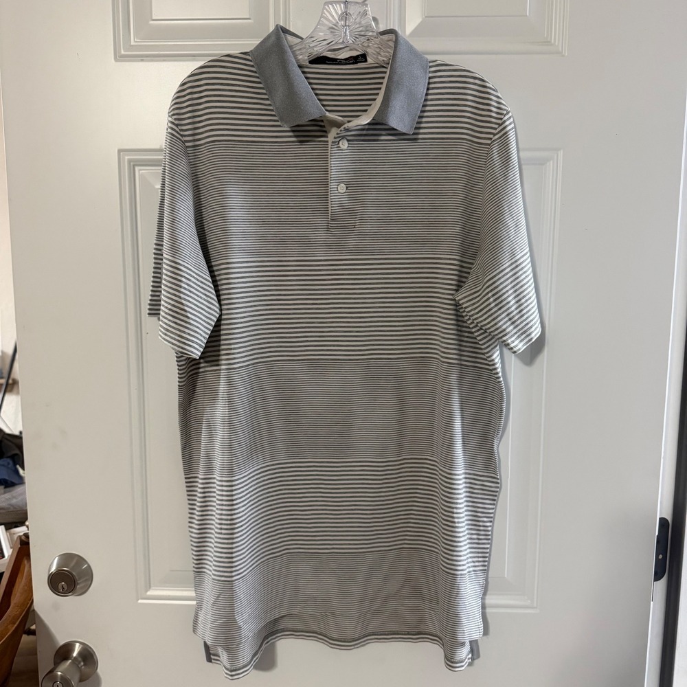 RLX Ralph Lauren Mens Grey White Striped Golf Polo‎ Shirt Large Short Sleeve